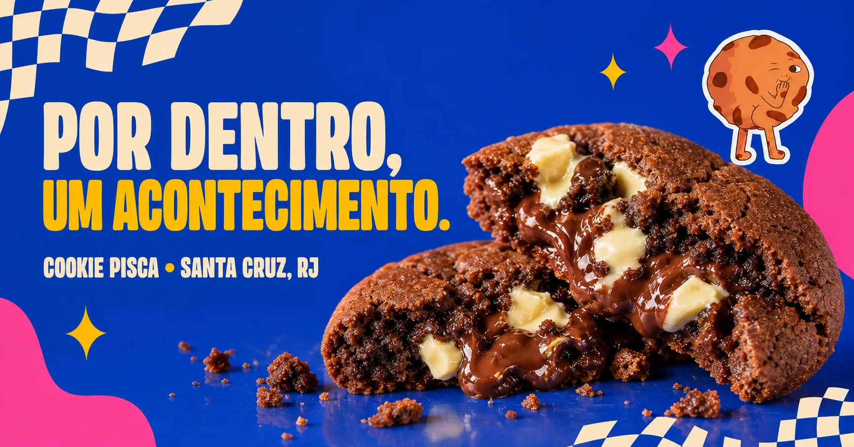 Cookie Pisca aberto ao meio com recheio cremoso em campanha colorida